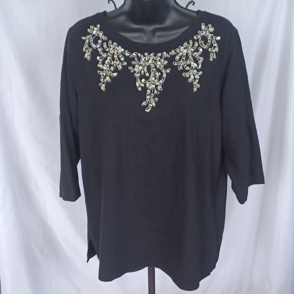 Bob Mackie Wearable Art Black Embroidered & beaded Stretch Shirt Size M